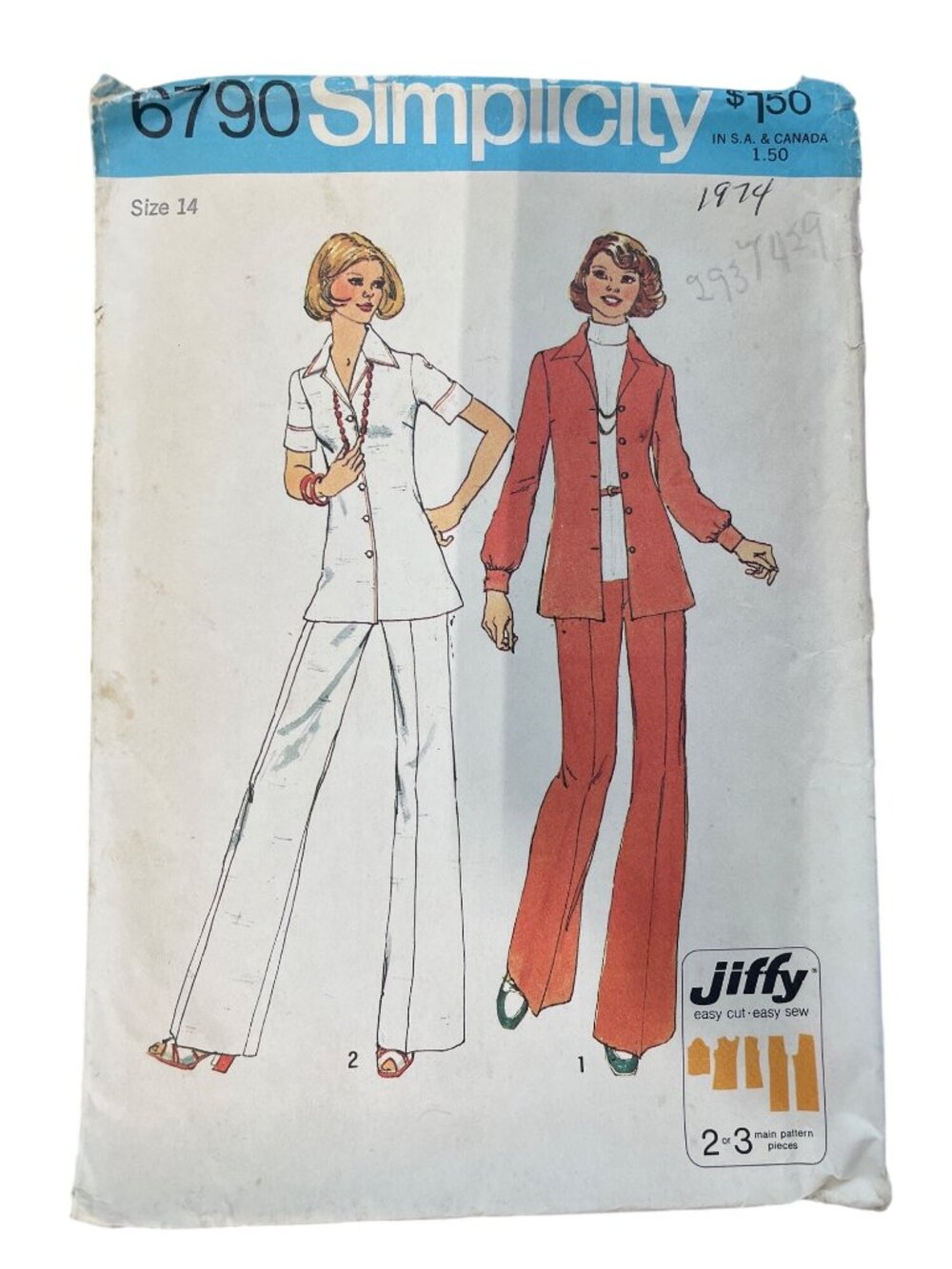 Vintage 70s Simplicity 6790 Sewing Pattern Size 14 Misses Jiffy Shirt & Pant CUT